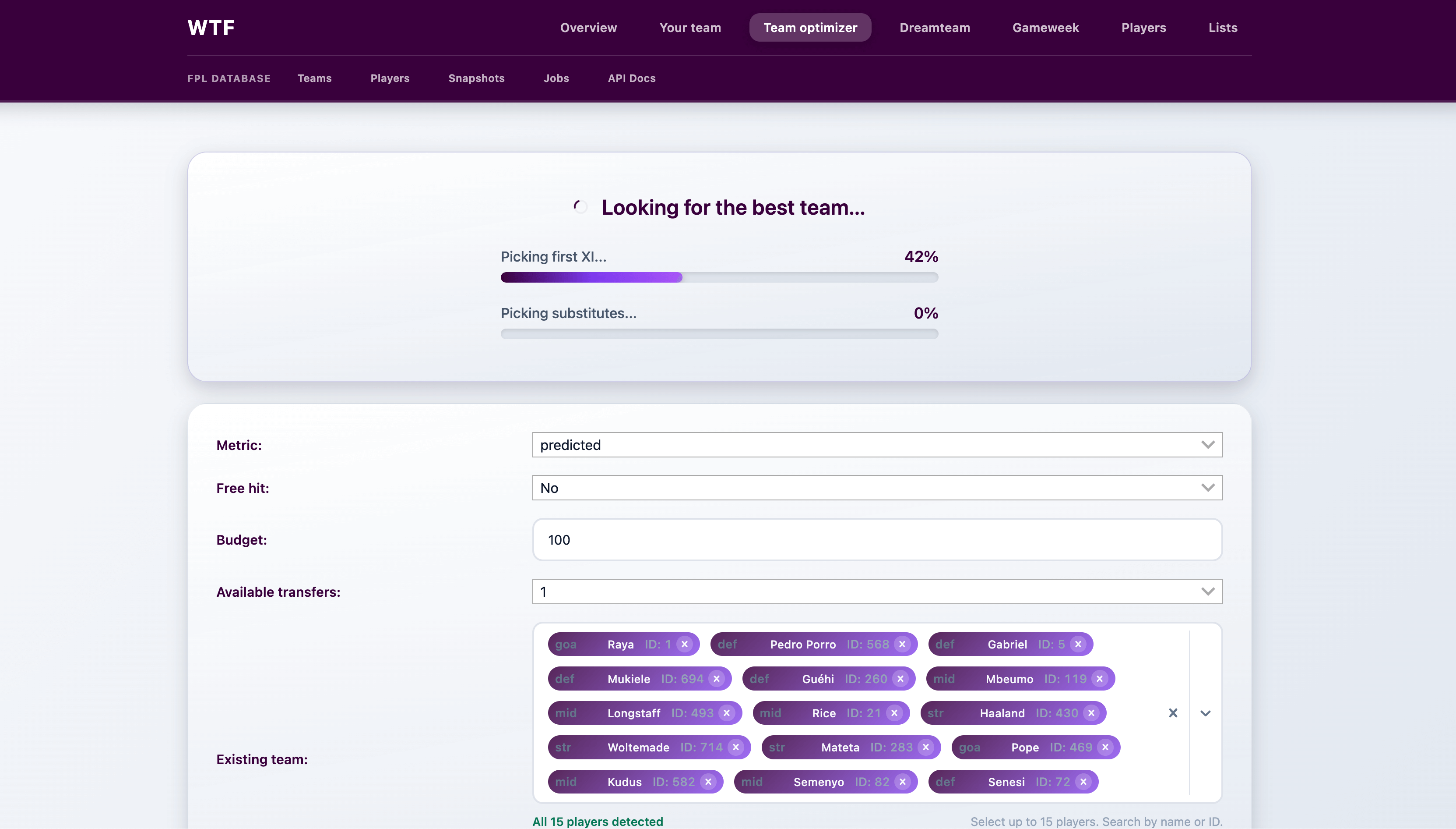 What the FPL!? dashboard showing player data